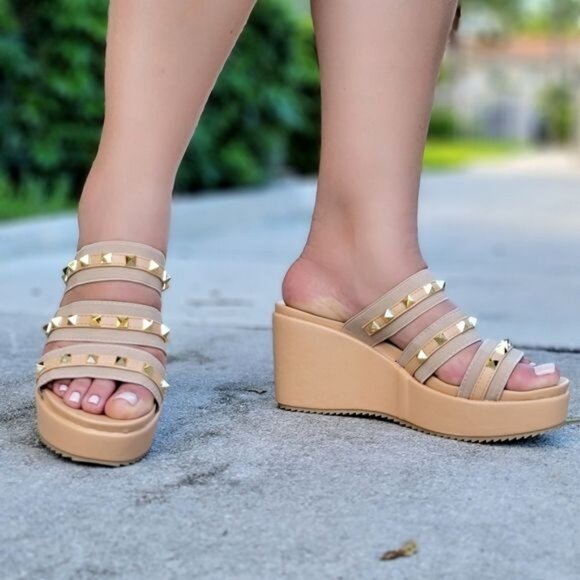 Women's Nude Studded Wedge Open Toe Sandals - Picture 2 of 4